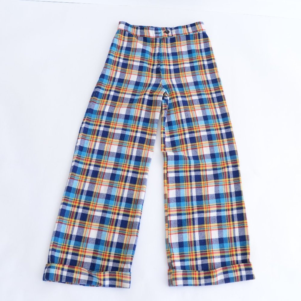 70's Inspired Yellow & Blue Checker Print Wide Leg Pants